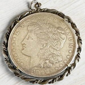 1921 Morgan Silver Dollar Coin + Pendant Bezel for Necklace Chain - Imagen 1 de 3