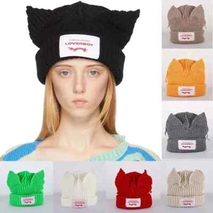 2024 Loverboy Cat Ear Knit Hat Solid Warm Pig Ear Woolen Hat Cute Fashion Hooded - Picture 1 of 36