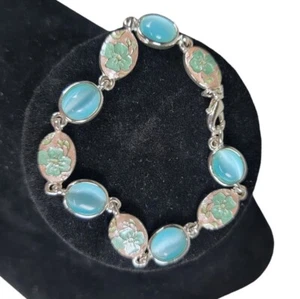 JOYERÍA DE MODA TONO PLATA AZUL OJO DE GATO PULSERA 7" Esmalte Flores - Imagen 1 de 6