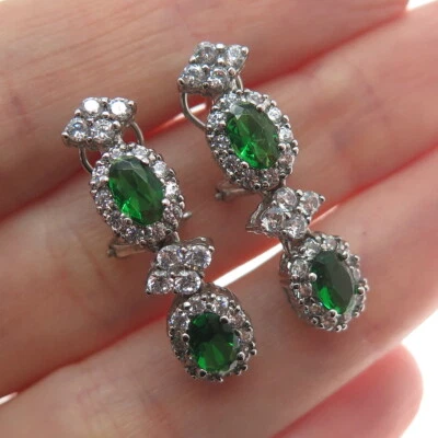 AMC Jewelry 925 Sterling Silver Green & White C Z Bohemian Dangling Earrings - Image 1 of 4