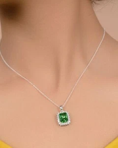925 Massives Sterlingsilber Schnitt Grün Simulierte Smaragd Topas Kette Anhänger - Bild 1 von 4