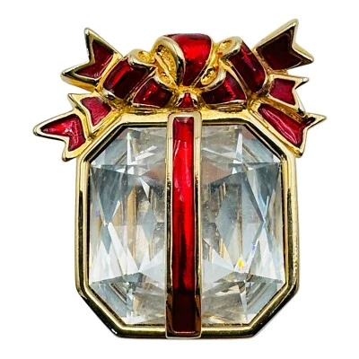 Broche de Navidad de regalo de cristal de Swarovski con cinta de esmalte rojo FIRMADO Foto 1 de 4