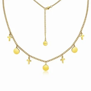 Damen Plättchenkette Kreuz Kette 750 Gold 18K vergoldet Edelstahl DJADEE K5645DL - Bild 1 von 3