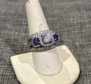 Sterling Silver~3 Stone Thick CZ Engagement Ring W/ Blue CZ Accents~Sz.8~8.5g - Picture 1 of 10