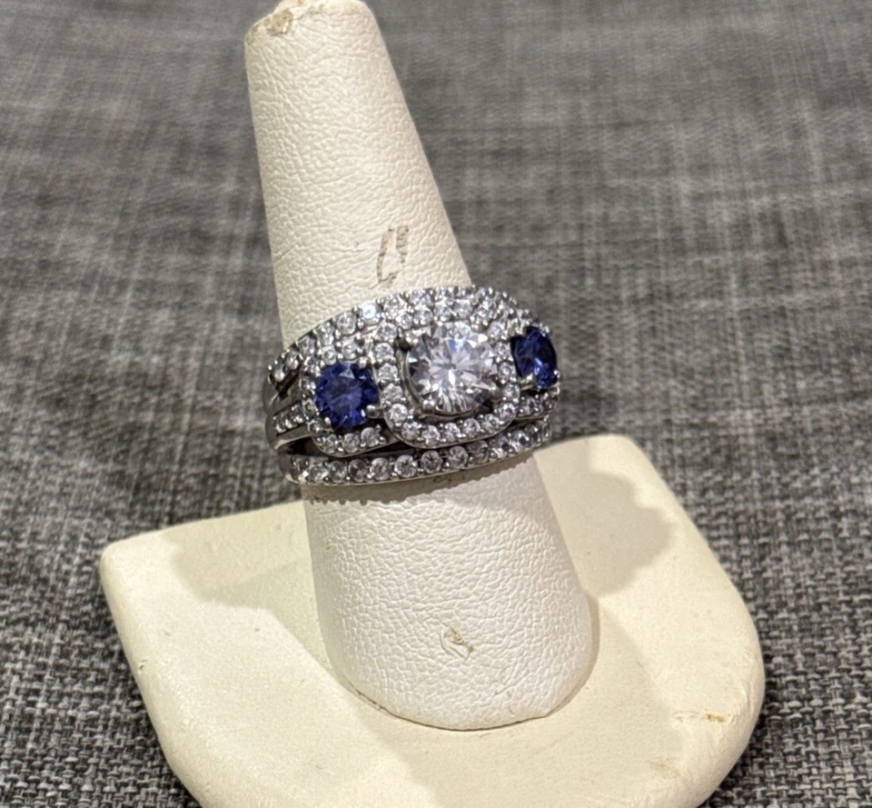 Sterling Silver~3 Stone Thick CZ Engagement Ring W/ Blue CZ Accents~Sz.8~8.5g - Image 1 of 4