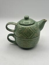 Tea For One Stackable 3 Piece Teapot Lid And Cup Stoneware Set By Pier 1 Green