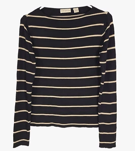 Ann Taylor 100 % Seide Top Small Langarm schwarz creme gestreift Rundhals Freizeit - Bild 1 von 10