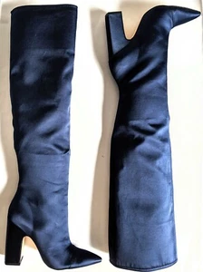NEU ZARA GR.37 OVERKNEESTIEFEL BLAU MARINEBLAU STOFF SATIN ABSATZ - Bild 1 von 10