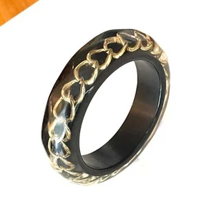 2.5" D Clear Faceted Lucite & Black w Gold Chain Thick Bangle Bracelet Vintage - Picture 1 of 3