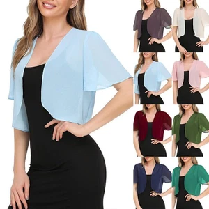 Women Chiffon Shrug Shawl Cardigan Short Sleeve Open Front Bolero Wedding Cape - Picture 1 of 37