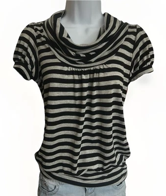 Top Blusa Saprono Y2K Negro Gris Rayas Capucha Cuello Manga Corta Abullonada Para Mujer M Foto 1 de 4