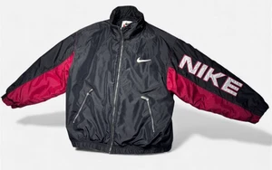 VINTAGE 90s NIKE Big Logo Sleeve Spellout Puffer Jacket Black Pink Y2K Retro L - Picture 1 of 19