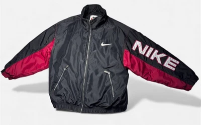 VINTAGE 90s NIKE Big Logo Sleeve Spellout Puffer Jacket Black Pink Y2K Retro L - Image 1 of 4