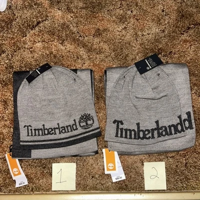 Conjunto de presente cachecol e chapéu jacquard logotipo Timberland cinza carvão reversível novo - Imagem 1 de 4