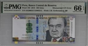 2015 Peru 100 Soles P195 BANKNOTE UNC PMG 66 S/N D5290531 / D5290521L - Picture 1 of 2