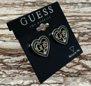 Guess Jewelry Gold Stud Earrings Heart Shape Emerald Green Enamel - Picture 1 of 7