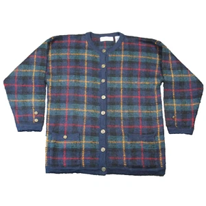 Northern Isles Plaid Mohair Cardigan Sweater Women M Blue Green Preppy Old Money - Picture 1 of 12