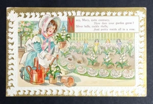 Mary Mary Quite Contrary Gold Embossed Postcard c1910s Nursery Rhyme Garden - Picture 1 of 2