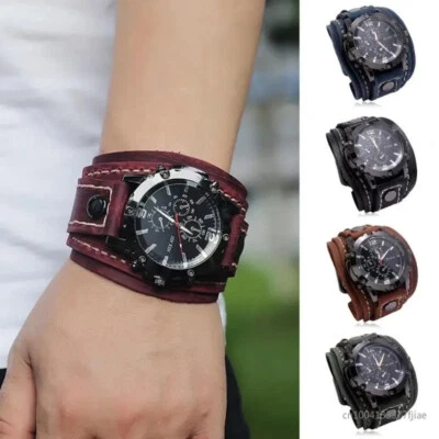 Wide Leather Watch Cuff Band Brown Wrist Black Strap Punk Retro Quartz Mens New - Image 1 of 4