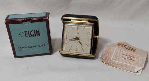 Vintage Elgin 8999 Travel Folding Alarm Clock 30 Hour Mid Century Wind Up NOS Cover