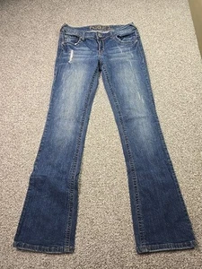 Rue 21 Jeans Womans 7/8 Blue Denim Curvy Flare Leg Distressed Whiskered Casual - Picture 1 of 15