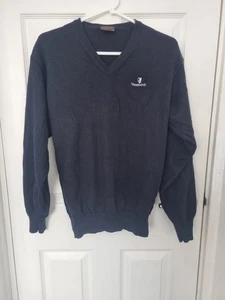 Mens Oscar Jacobson Wentworth Navy Blue V Neck Golf Jumper 100% Merino  Wool L - Picture 1 of 10