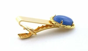 2 INCH 18x13 OVAL DYED BLUE AGATE GEMSTONE CAB GOLD COLOR ROPE TIE CLIP BAR - Picture 1 of 2