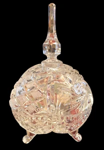 Vtg Diamond Cut Etched Lead Crystal Candy Dish w/Steeple Lid 4 Claw Feet 8.75" - Picture 1 of 13