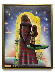 Pintura al óleo artística original de Nueva York de mujeres y niños sobre lienzo enmarcada 12x16 - Imagen 1 de 6