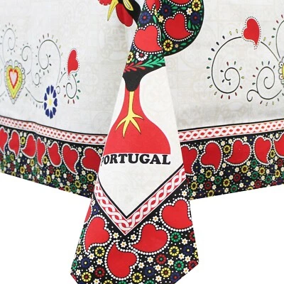 100% Cotton Beige Good Luck Rooster Portuguese Hearts Tablecloth - Image 1 of 4