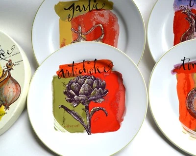 Juego de 4 platos de ensalada Rosanna alcachofa tomate ajo cebolla 8" caja original Foto 1 de 4