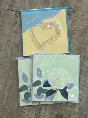 Lote de 3 tarjetas de felicitación de papiro corazón brillante adornado floral sellado en blanco Foto 1 de 4