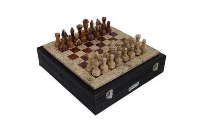Italfama Fait Main Marbre Échecs Set Marron & Rouge,Cuir Étui,30cm Board Italie - Photo 1/3