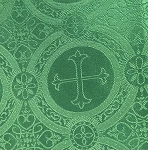 Kelly Green Church Cross Brocade Fabric 60” Width Sold By The Yard - Picture 1 of 4