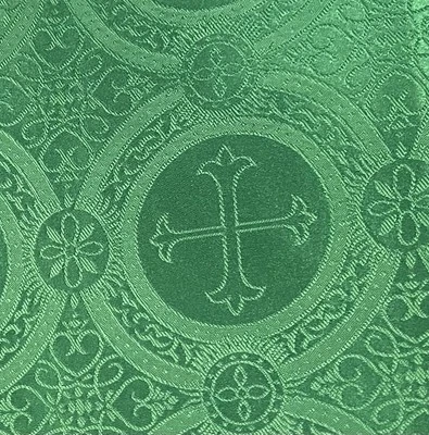 Kelly Green Church Cross Brocade Fabric 60” Width Sold By The Yard - Image 1 of 4