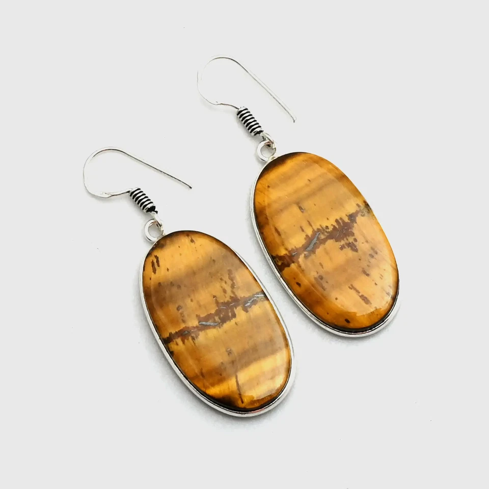 Pendientes colgantes hechos a mano con piedras preciosas ojo de tigre joyas para mujer 1,4" AE-11842 Foto 1 de 1