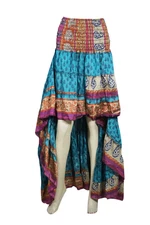 Boho Hi Low Skirt Upcycled Sari Full Flared Printed Ruffled Flirty Skirts S/M