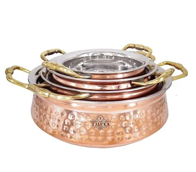 Handmade Stainless Steel & Copper Handi Bowl Indian Food Dish Serving Set of 4 - Image 1 of 4