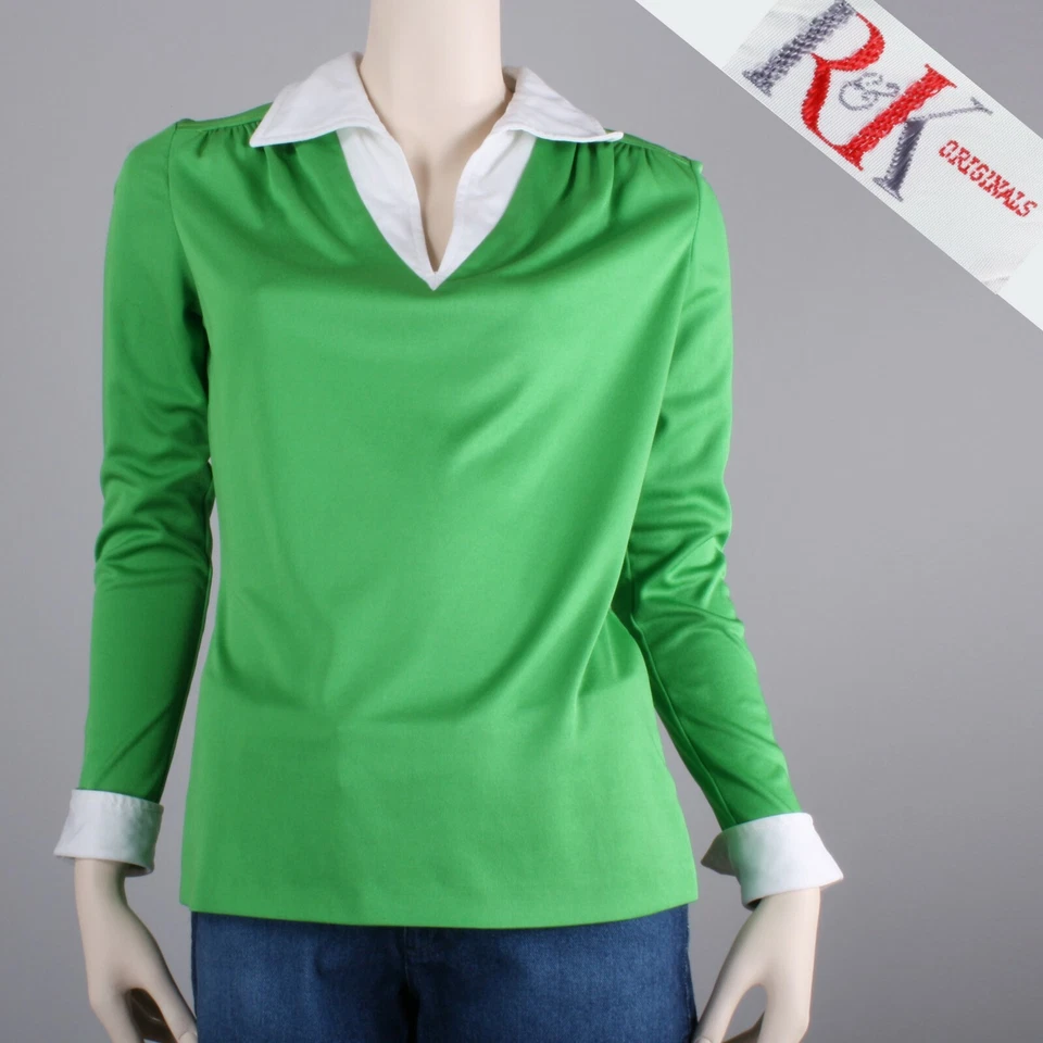 Camisa M Vintage Años 60 R&K Verde Brillante Blanco Manga Larga Fina Nylon Mod Años 70 Foto 1 de 4