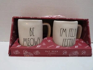 RAE DUNN BY MAGENTA "BE MEOWY & I'M FELINE FESTIVE" MUGS NIB 5" C 3.5" WHITE - Picture 1 of 4