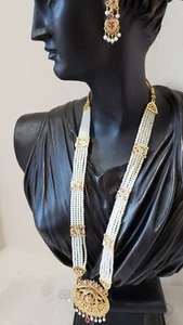 Long Necklace Earrings Rani Haar Bollywood Pearl Gold Plated Jewelry Set 22" - Picture 1 of 8