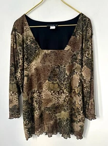 Ninety Woman Brown Green Floral Dot 3/4 Sleeve Stretch Flowy Blouse Plus Size 3X - Picture 1 of 5