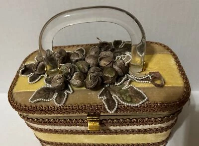 MCM Lucite Handle-Tan/Yellow Velvet, Beaded Pearls Gold Accents-1960s Purse- - Image 1 of 4