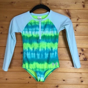 Under Armour Girls Neon Bright Blue Green Long Sleeve Rashguard Swimsuit - Picture 1 of 20