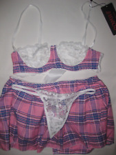 Romwe kawaii plaid lace bralette skirt g-string schoolgirl lingerie set XS pink