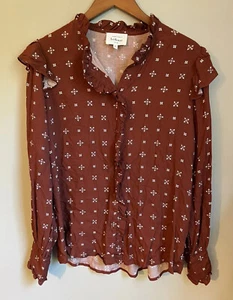 Bohme Blouse Rust Brown Puff Sleeve Button Down Ruffle Rayon M Cottagecore - Picture 1 of 4