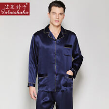 Mens Pajamas Long Sleeve Top Pants Sleepwear 2Pcs Set 100% Mulberry Silk Buttons