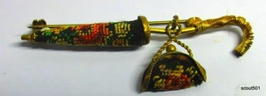 Vintage Brass & Embroidered Petitpoint Umbrella Brooch W Matching Dangle Handbag - Picture 1 of 5
