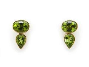 14k Yellow Gold Oval Pear Shaped Peridot Bezel Cluster Button Stud Earrings - Picture 1 of 4