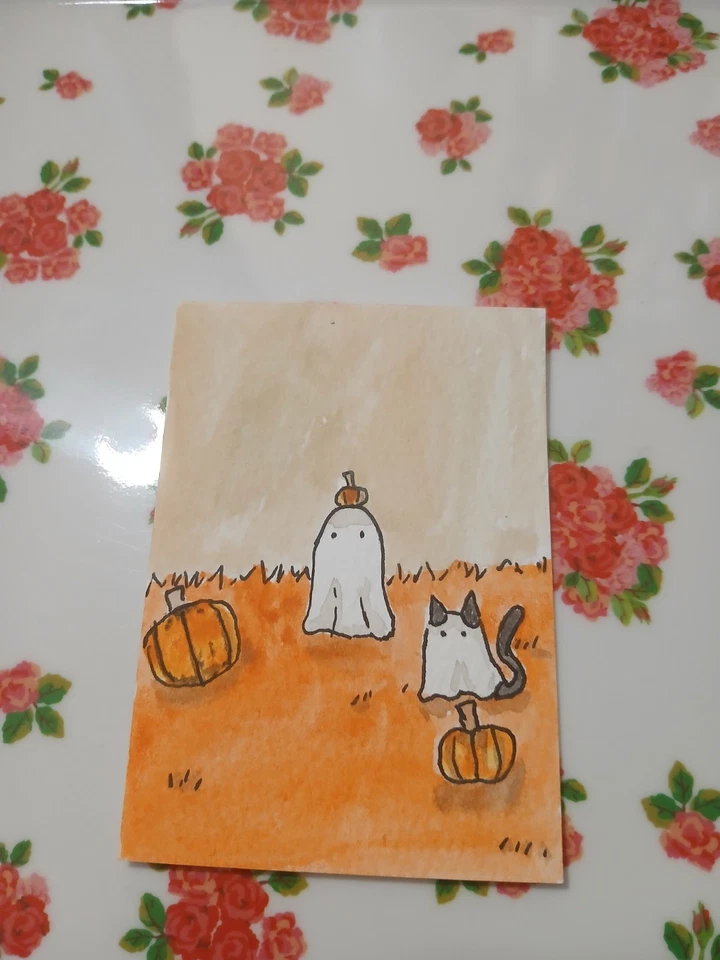 ACEO Halloween Animal Mixed Media Ghost Black Cat Pumpkin Design Art Signed - Image 1 of 1